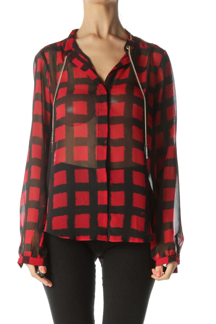 Black/Red Bold-Windowpane Neckline-Chain-Accent Shirt