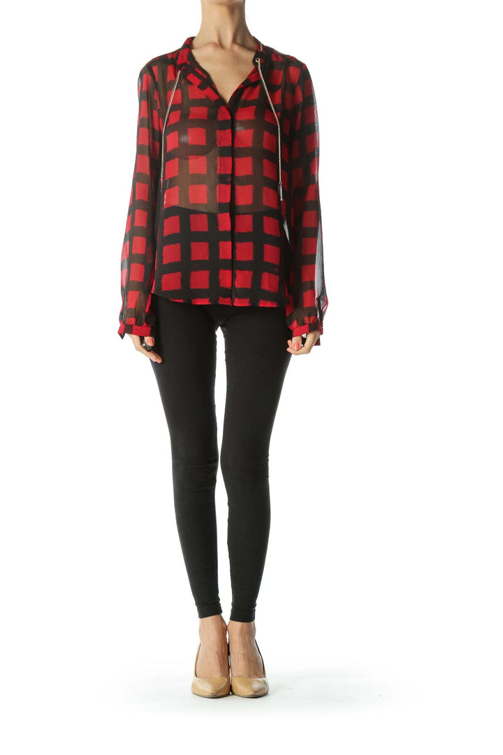 Black/Red Bold-Windowpane Neckline-Chain-Accent Shirt