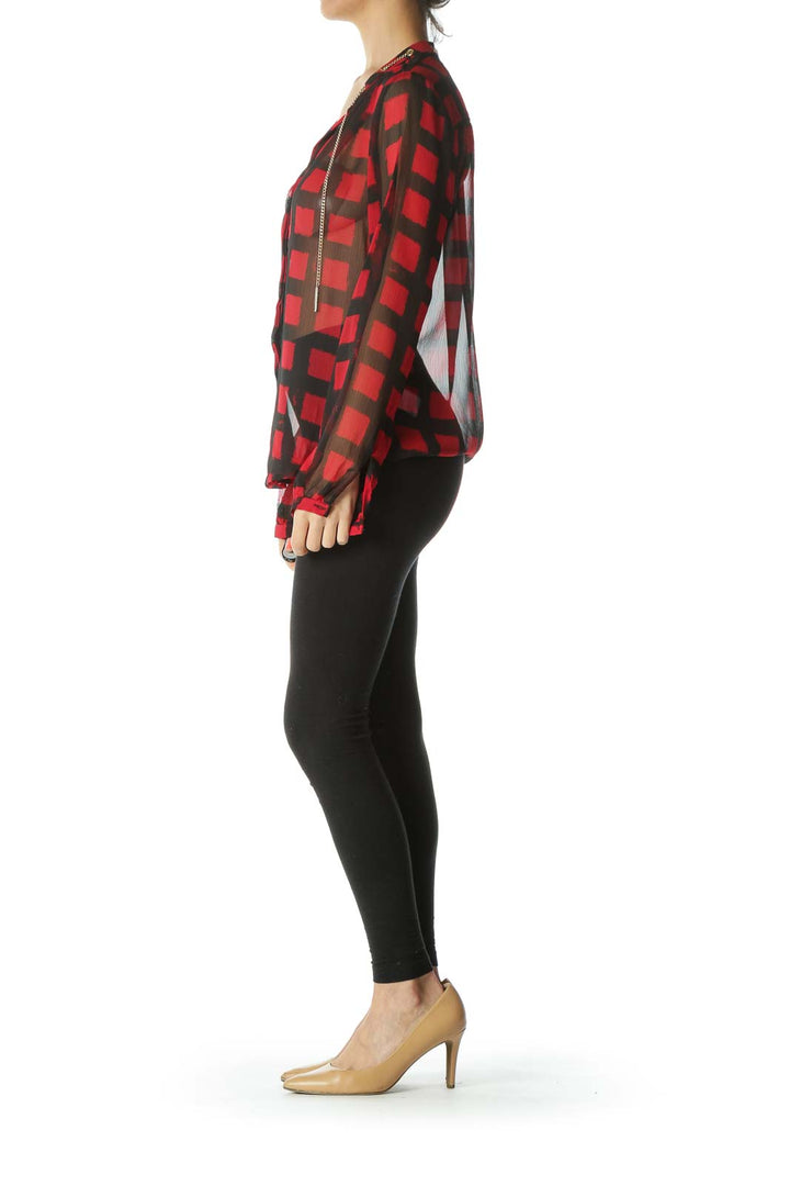 Black/Red Bold-Windowpane Neckline-Chain-Accent Shirt