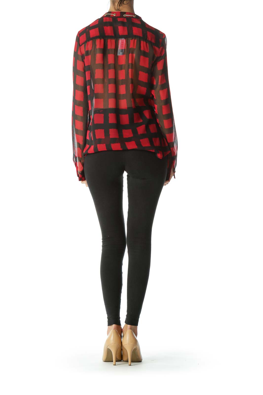 Black/Red Bold-Windowpane Neckline-Chain-Accent Shirt