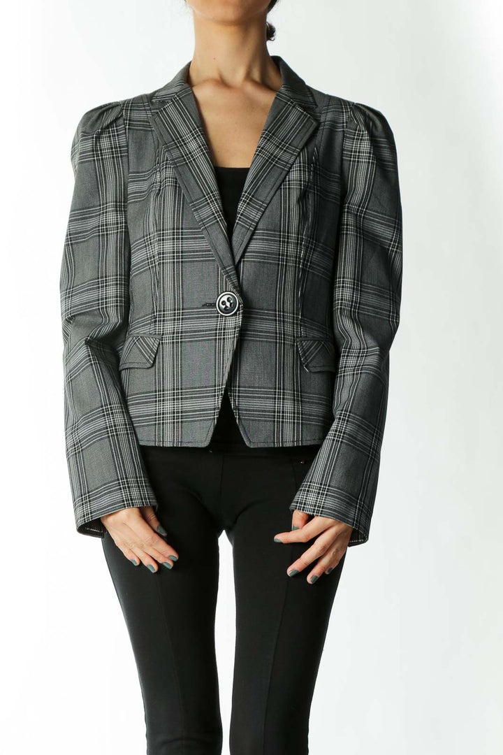 Gray and Black Plaid Fitted Large-Button Blazer