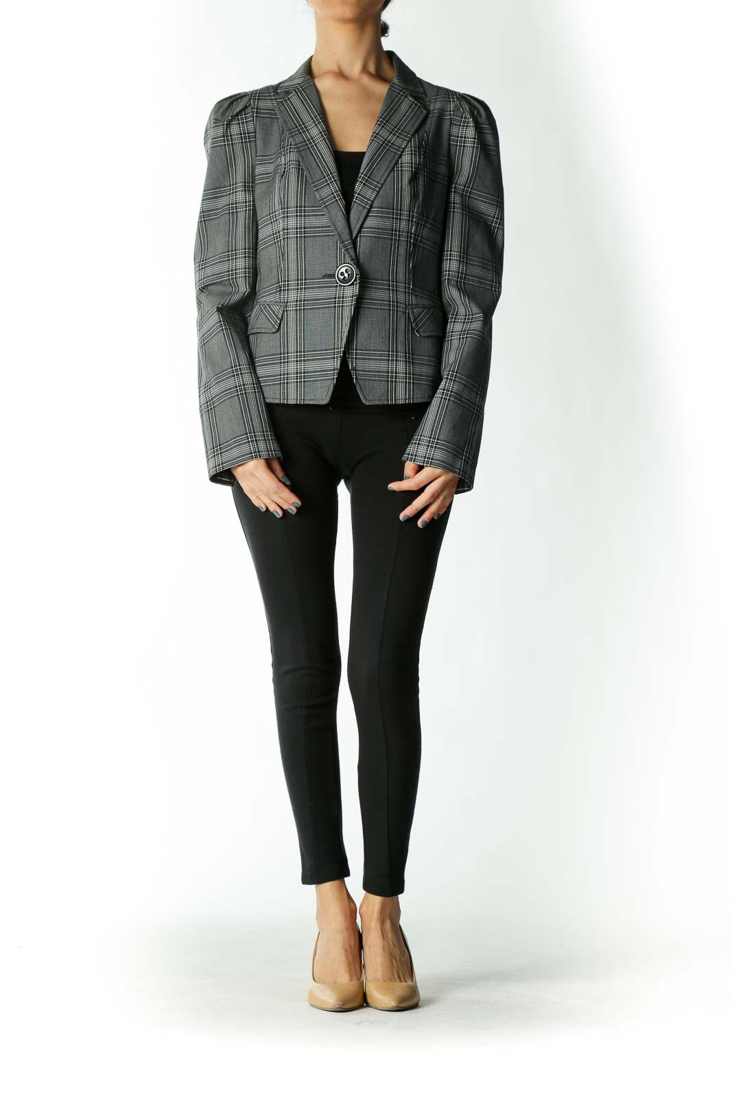 Gray and Black Plaid Fitted Large-Button Blazer