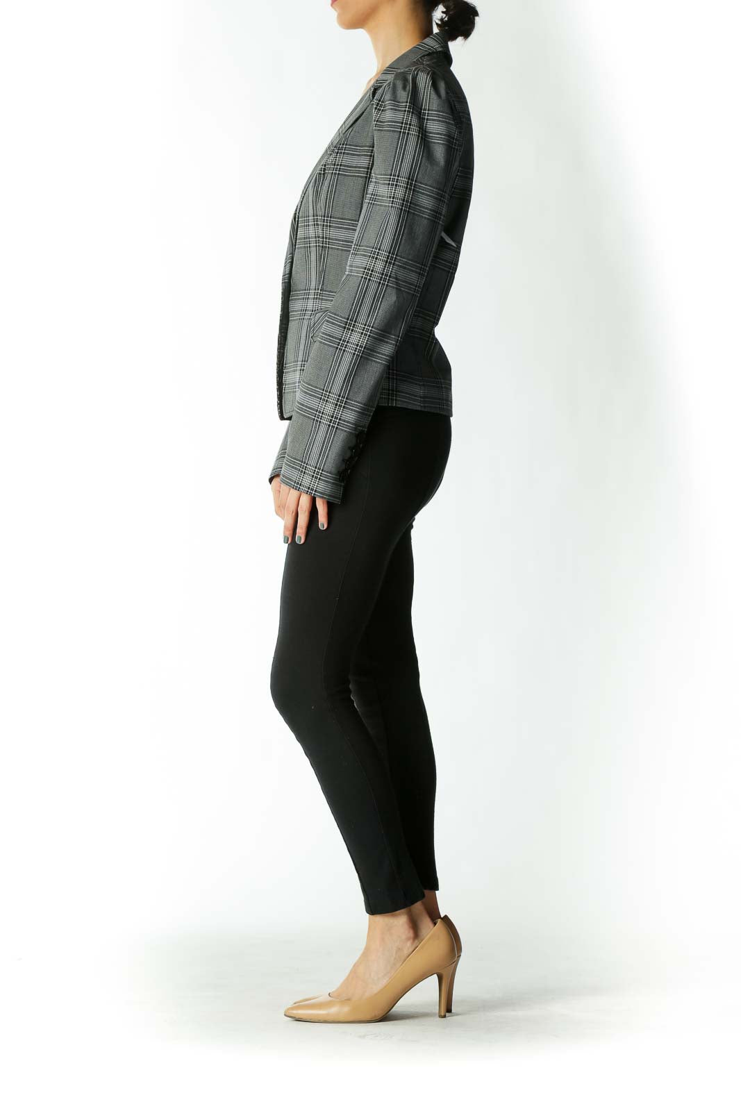 Gray and Black Plaid Fitted Large-Button Blazer