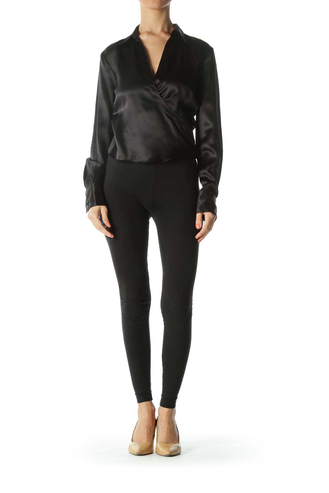 Black 100% Silk Wrap Shiny Long-Sleeve Top