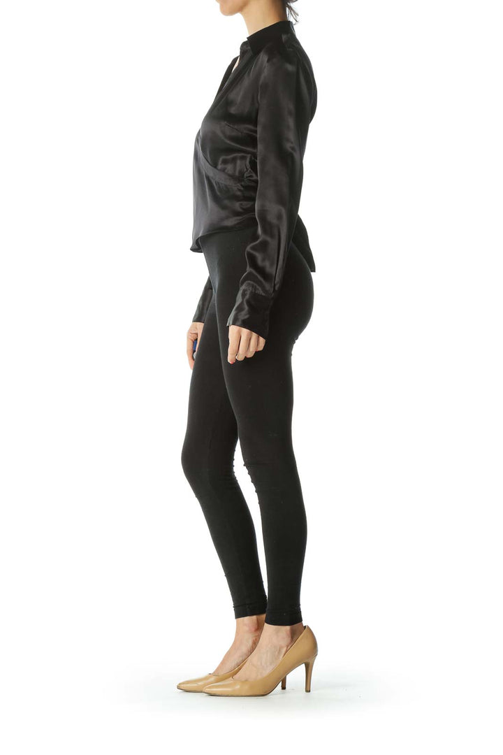 Black 100% Silk Wrap Shiny Long-Sleeve Top