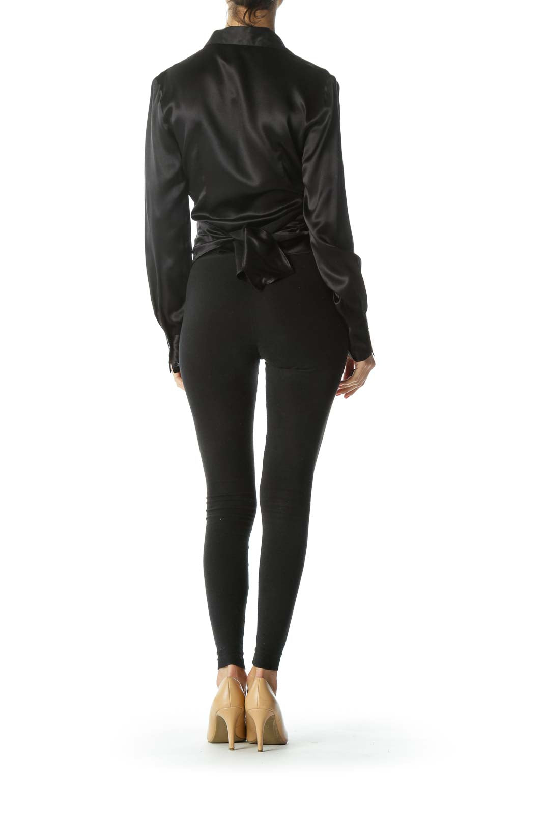 Black 100% Silk Wrap Shiny Long-Sleeve Top