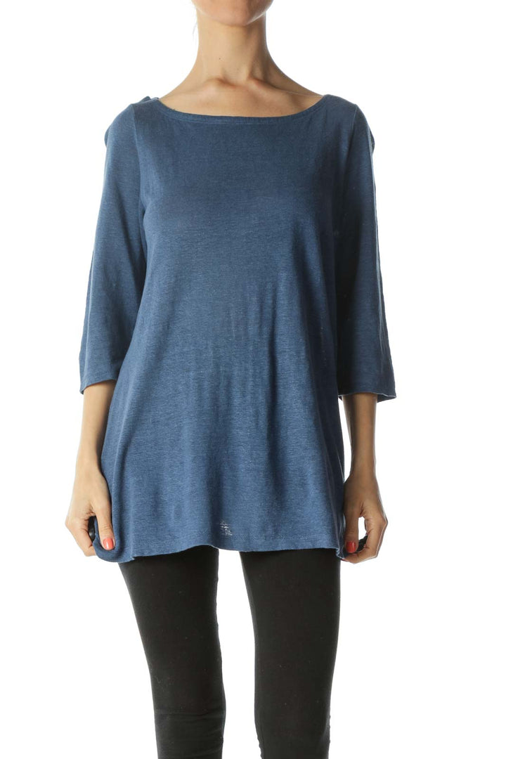 Blue Boat-Neck 3/4-Sleeves Sides-Slit Knit Top