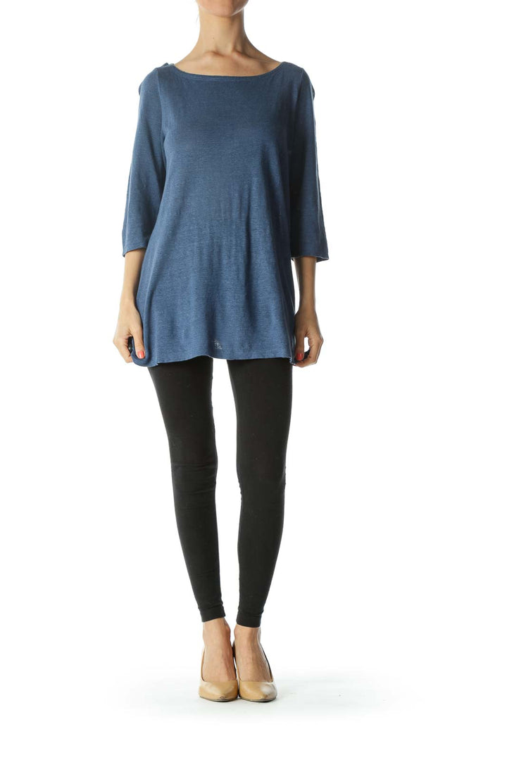 Blue Boat-Neck 3/4-Sleeves Sides-Slit Knit Top