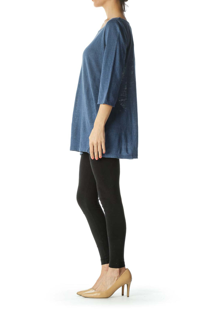 Blue Boat-Neck 3/4-Sleeves Sides-Slit Knit Top