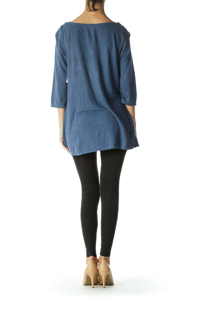 Blue Boat-Neck 3/4-Sleeves Sides-Slit Knit Top