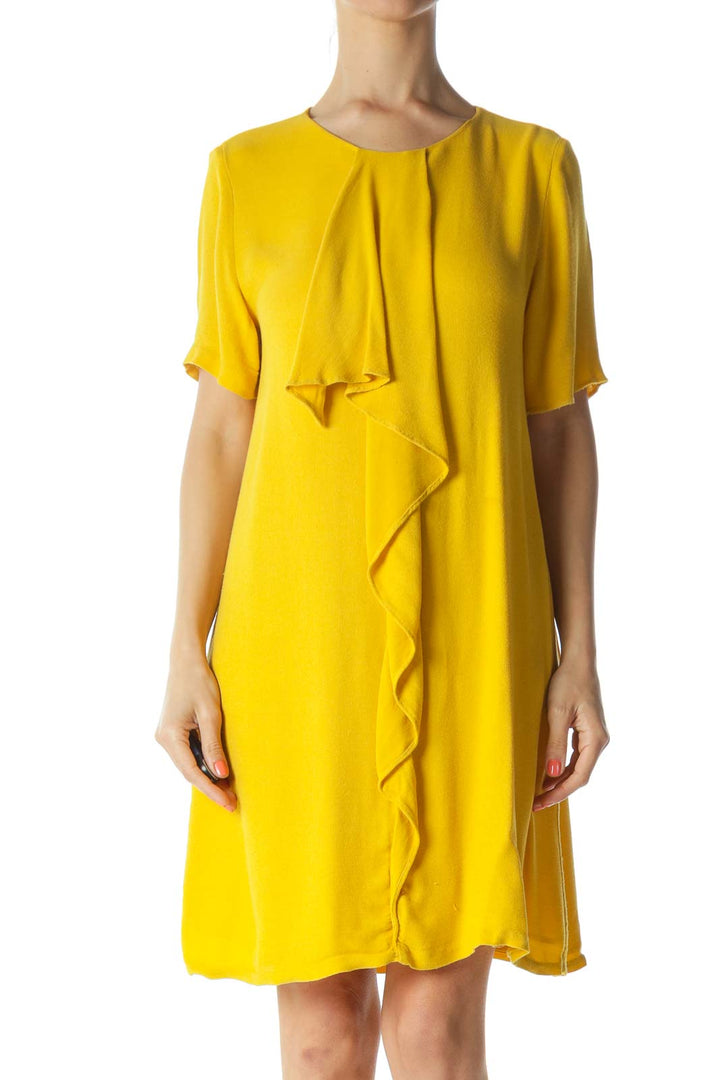 Mustard-Yellow Ruffled-Detail Short-Sleeve Day Dress