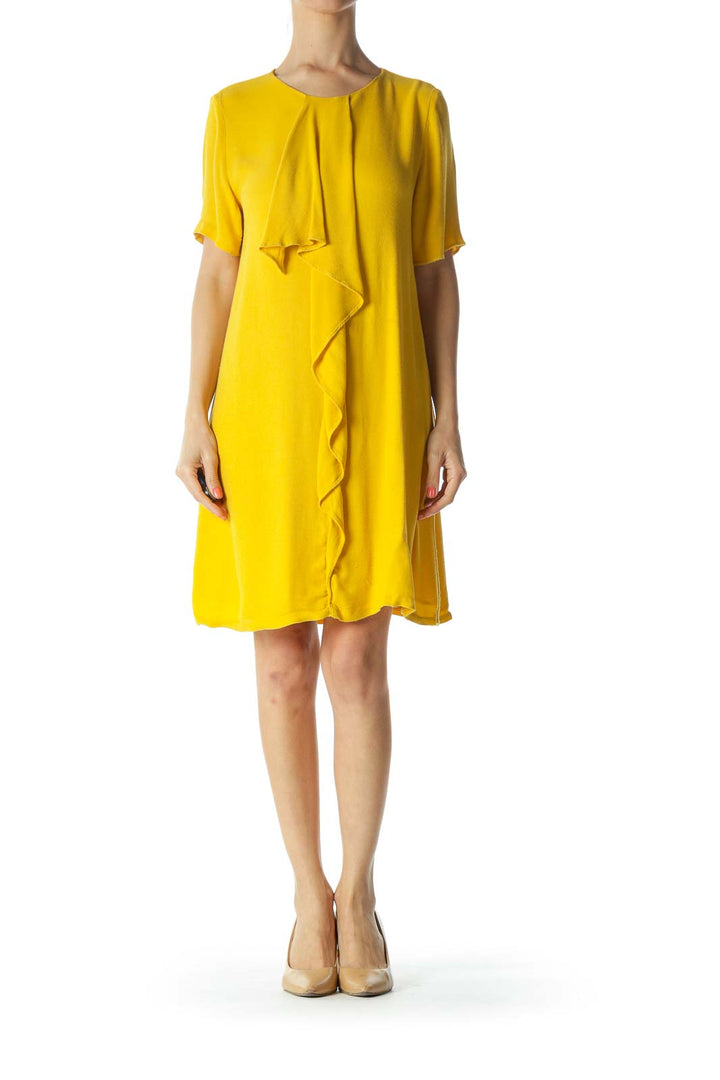 Mustard-Yellow Ruffled-Detail Short-Sleeve Day Dress