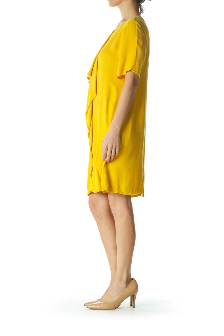 Mustard-Yellow Ruffled-Detail Short-Sleeve Day Dress