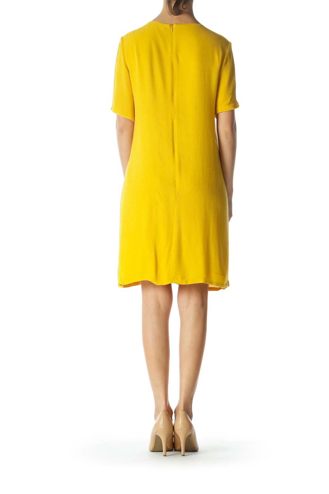 Mustard-Yellow Ruffled-Detail Short-Sleeve Day Dress