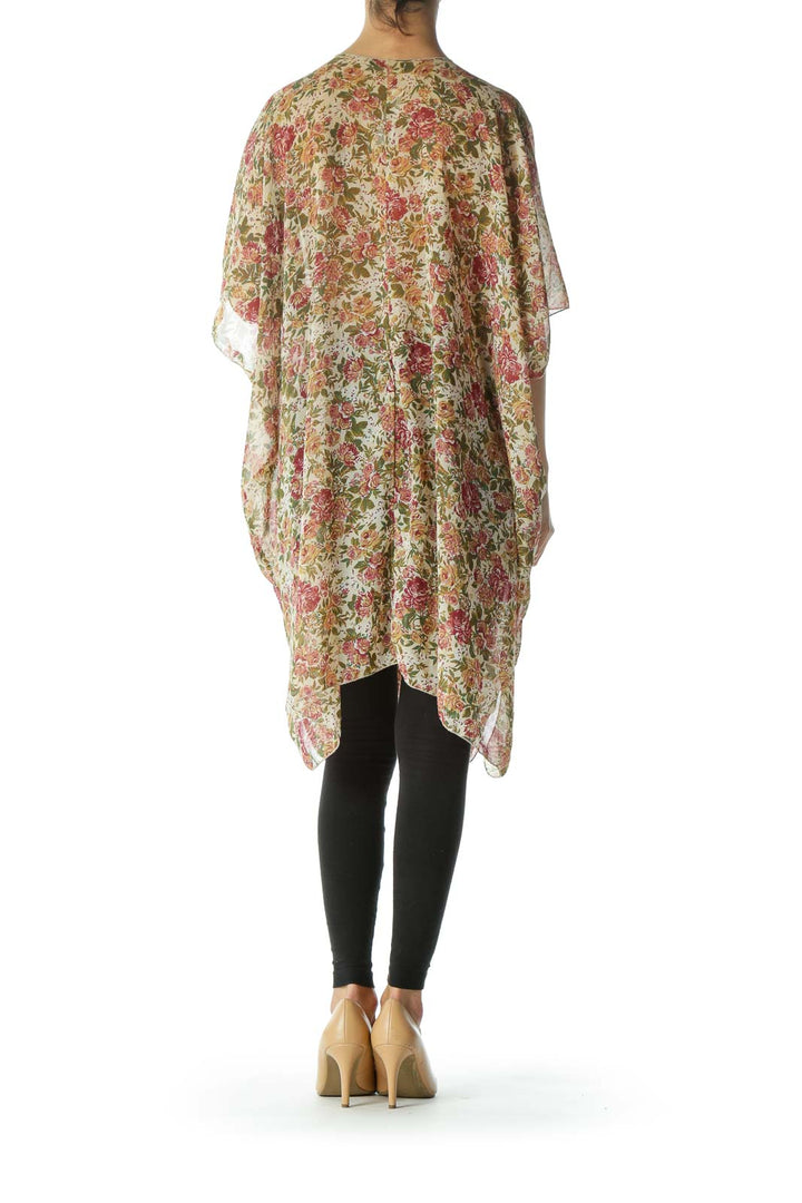 Burgundy/Green/Beige Floral-Print Light-Weight Cardigan