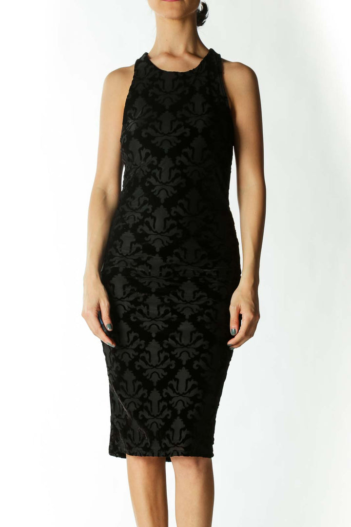 Black Velvet-Patterned Racer-Back Fitted Midi Dress