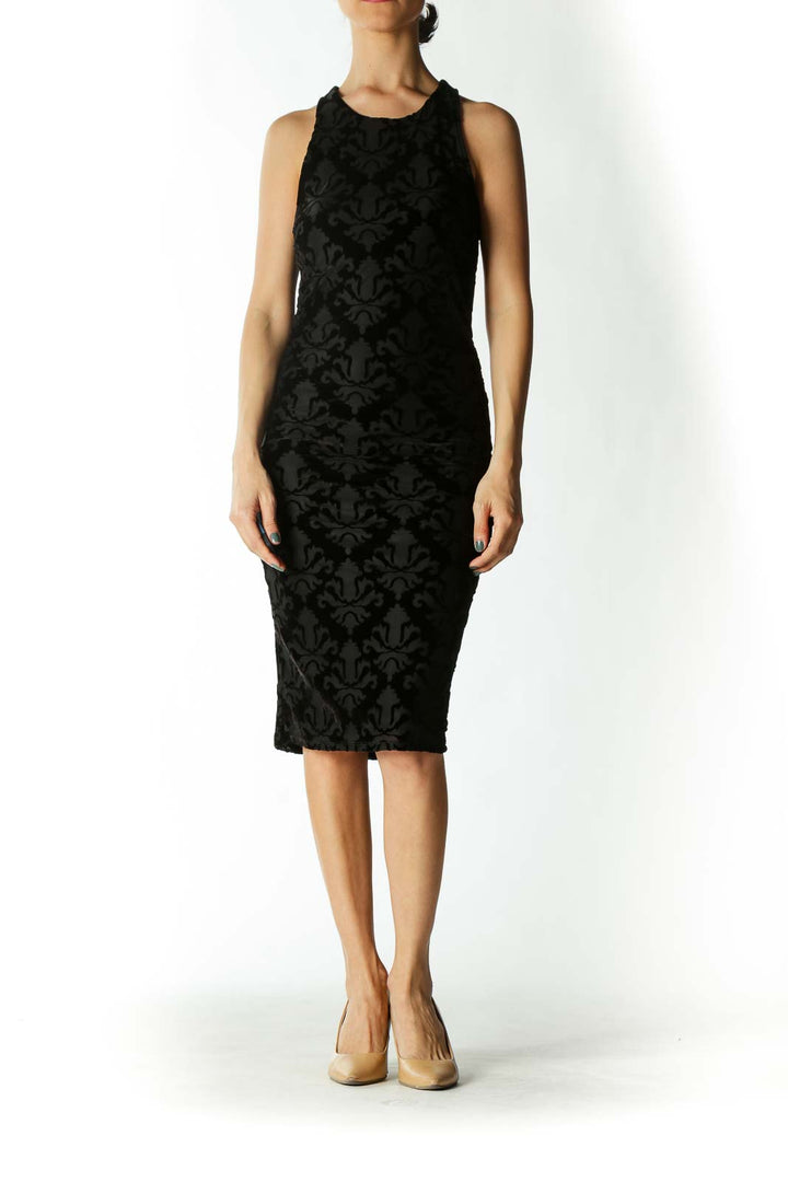 Black Velvet-Patterned Racer-Back Fitted Midi Dress