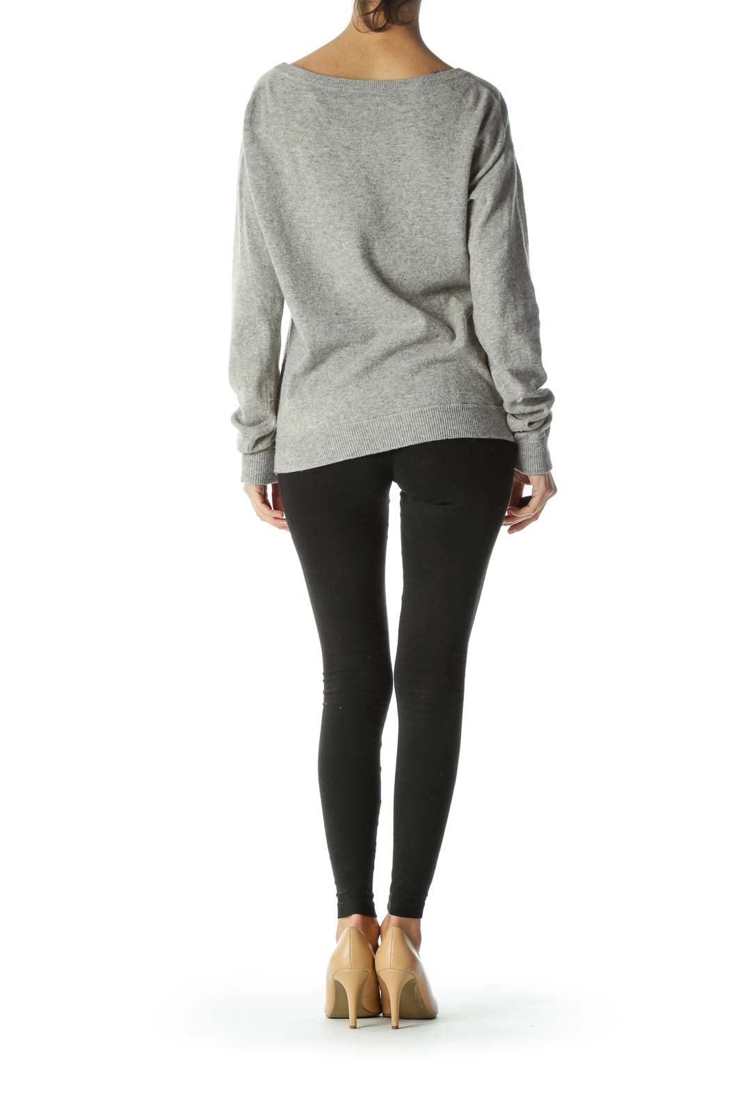 Gray Wool Cashmere Blend Long-Sleeve Pullover Sweater