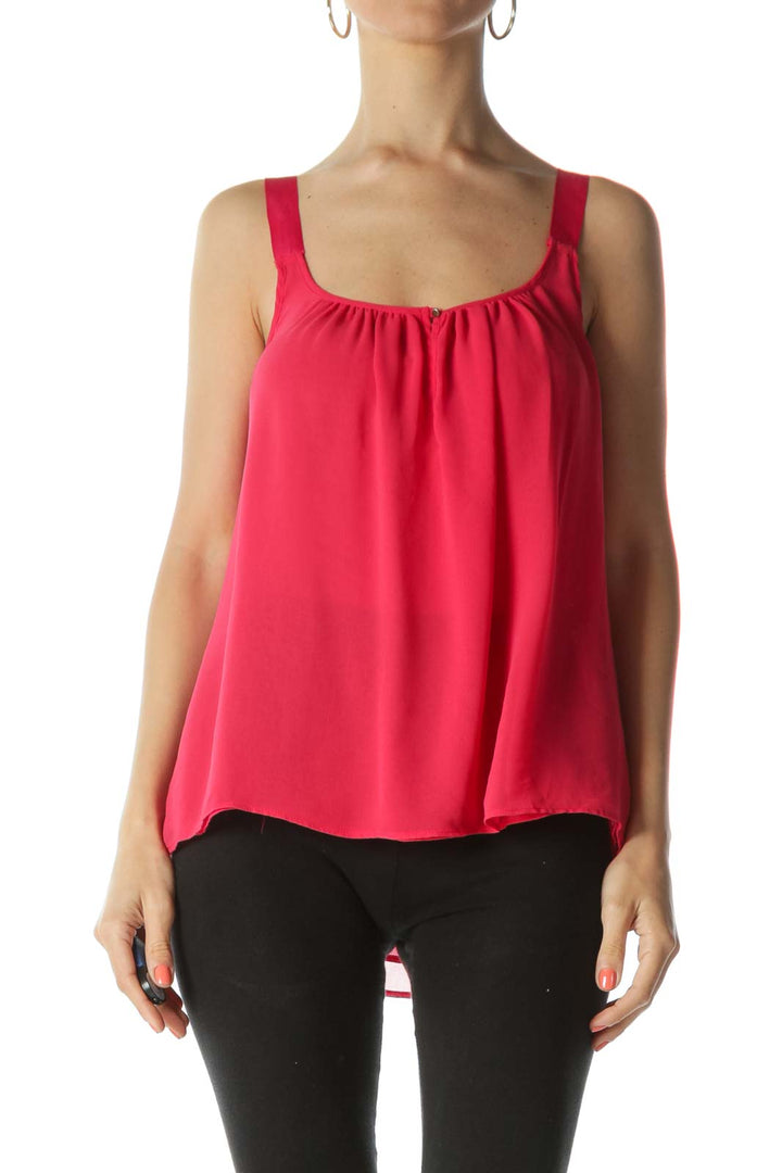 Strawberry-Red Keyhole Sleeveless Translucent Flared Tank Top