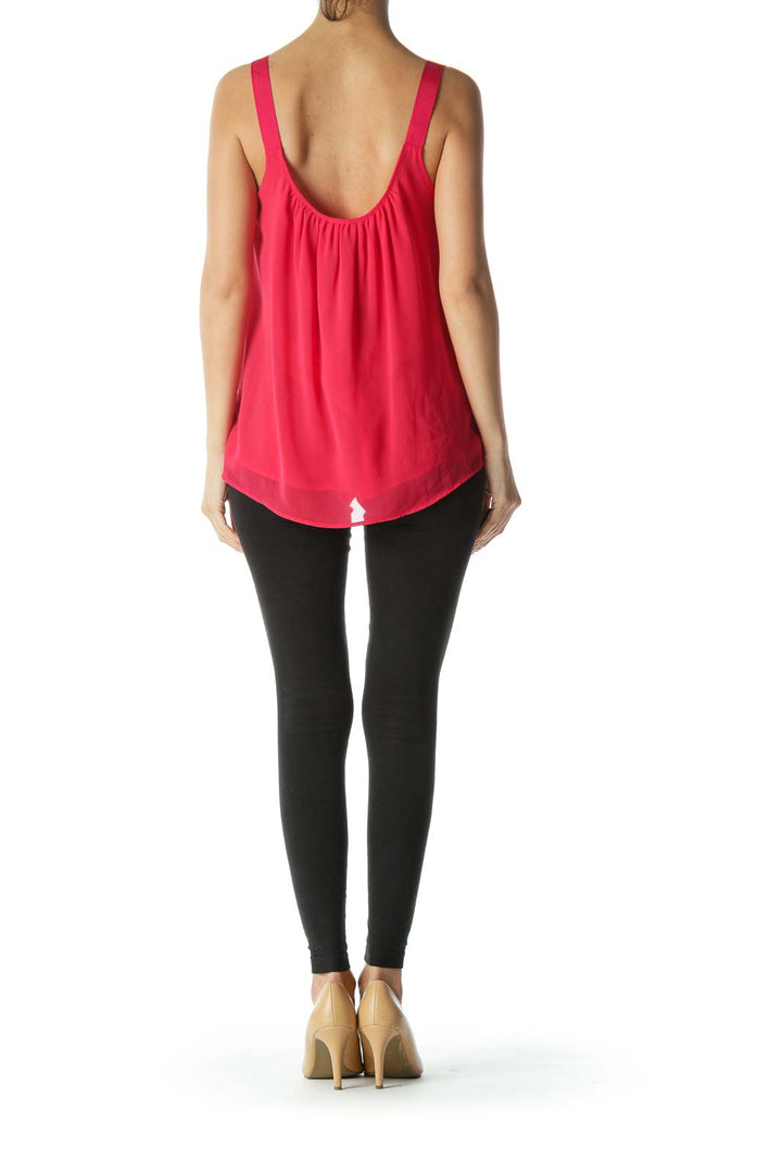 Strawberry-Red Keyhole Sleeveless Translucent Flared Tank Top