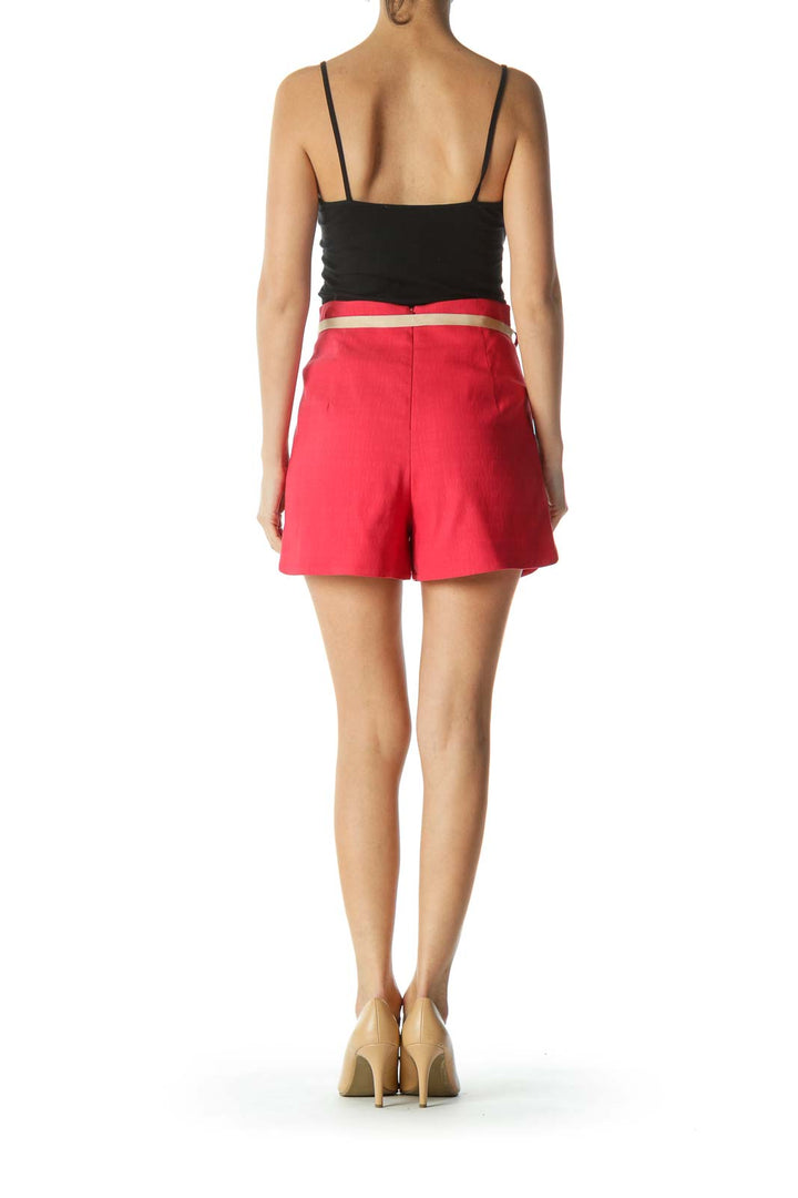 Red/Beige Textured-Fabric Belted High-Waisted Shorts