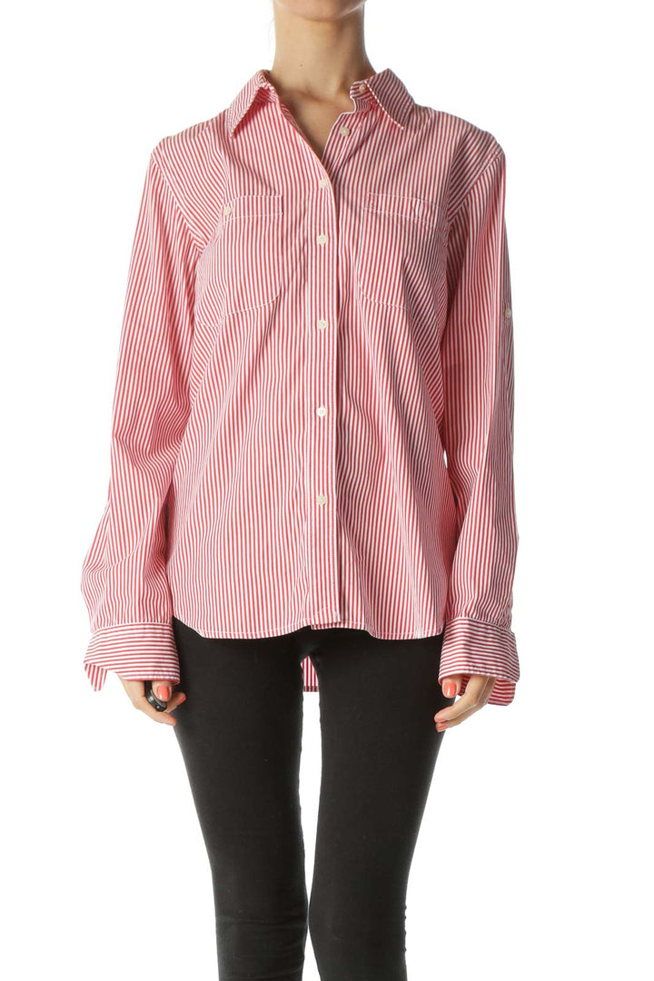 Red and White Striped Buttoned Collared Shirt