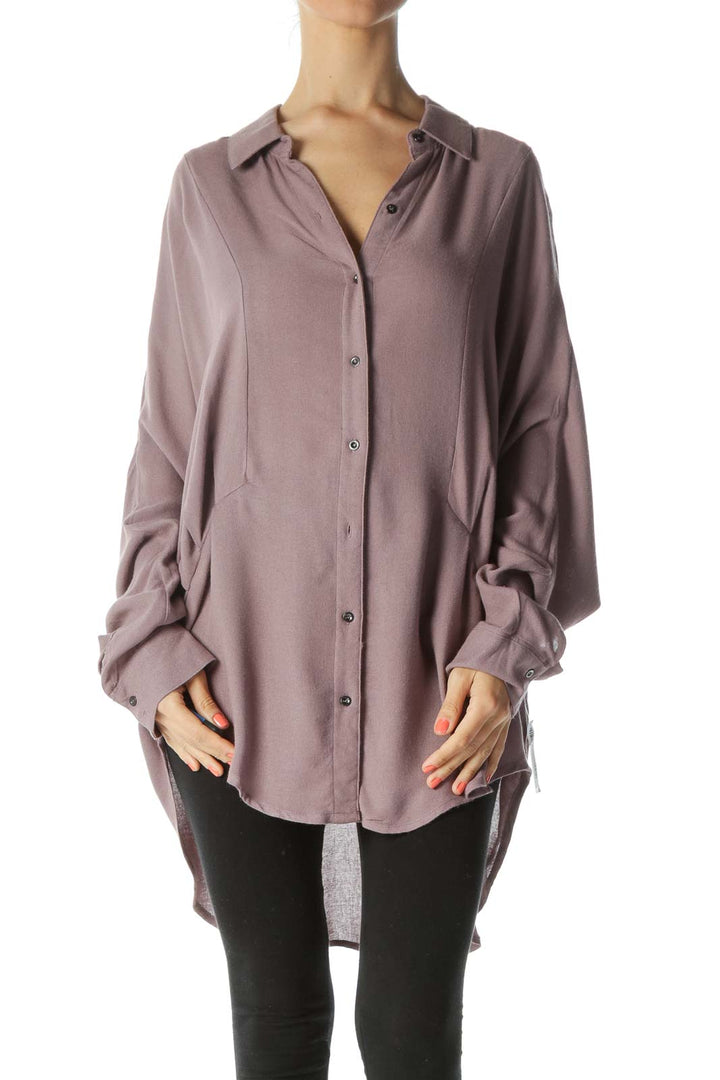 Front view of mauve Free People oversized button-down knit shirt