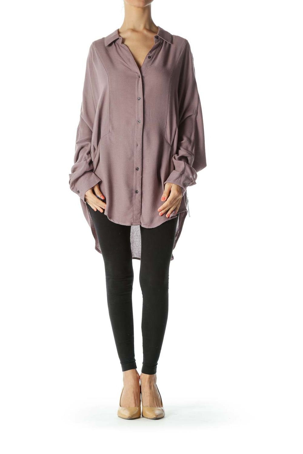 Front view of mauve Free People oversized button-down knit shirt