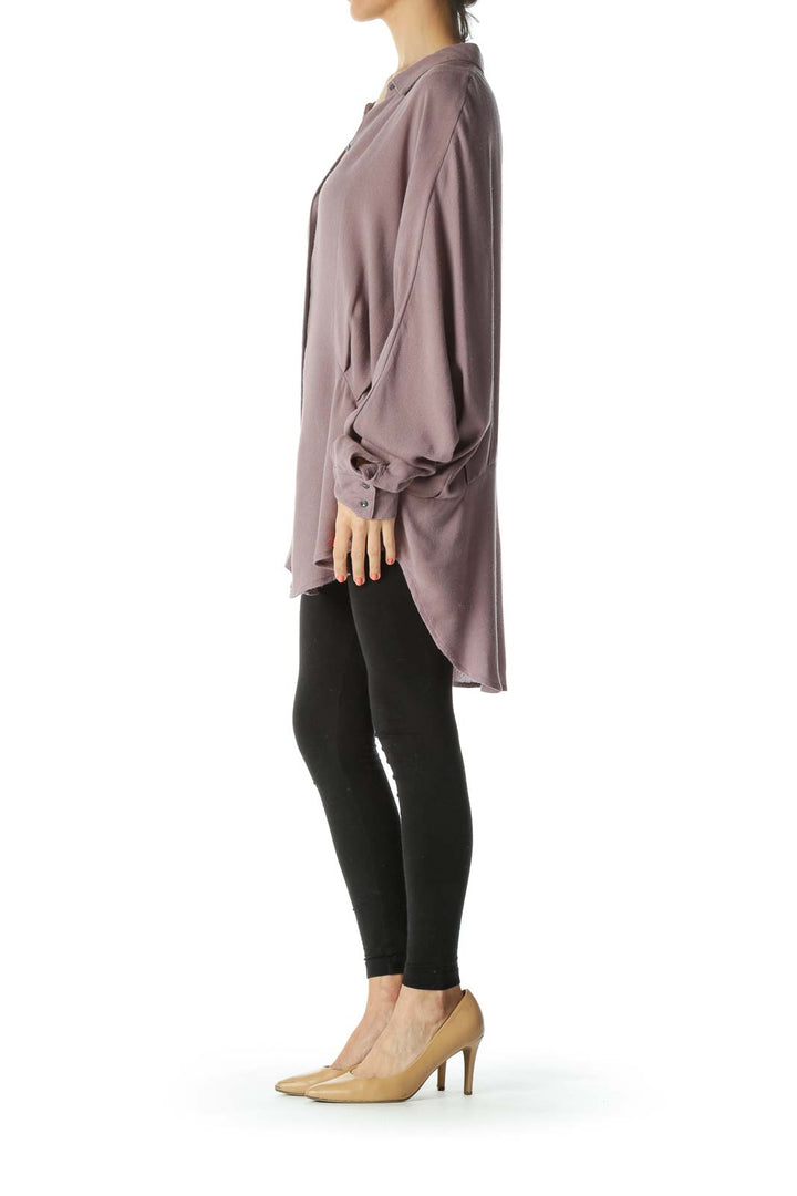 Front view of mauve Free People oversized button-down knit shirt