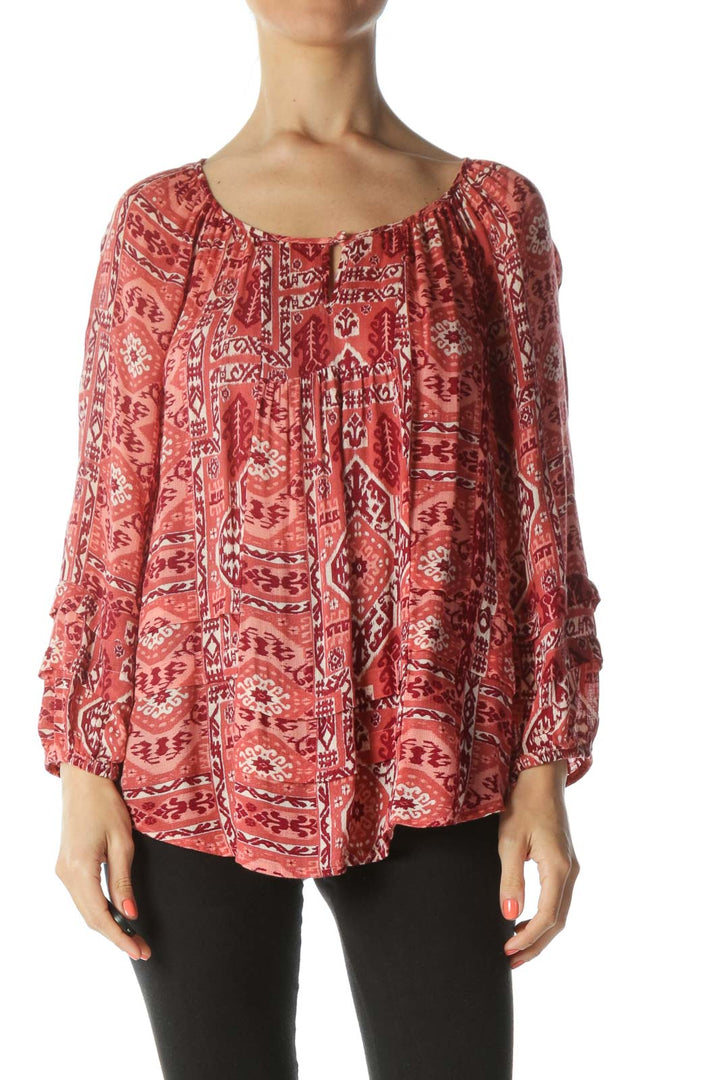 Burgundy/Beige Print Keyhole 3/4-Sleeve Blouse