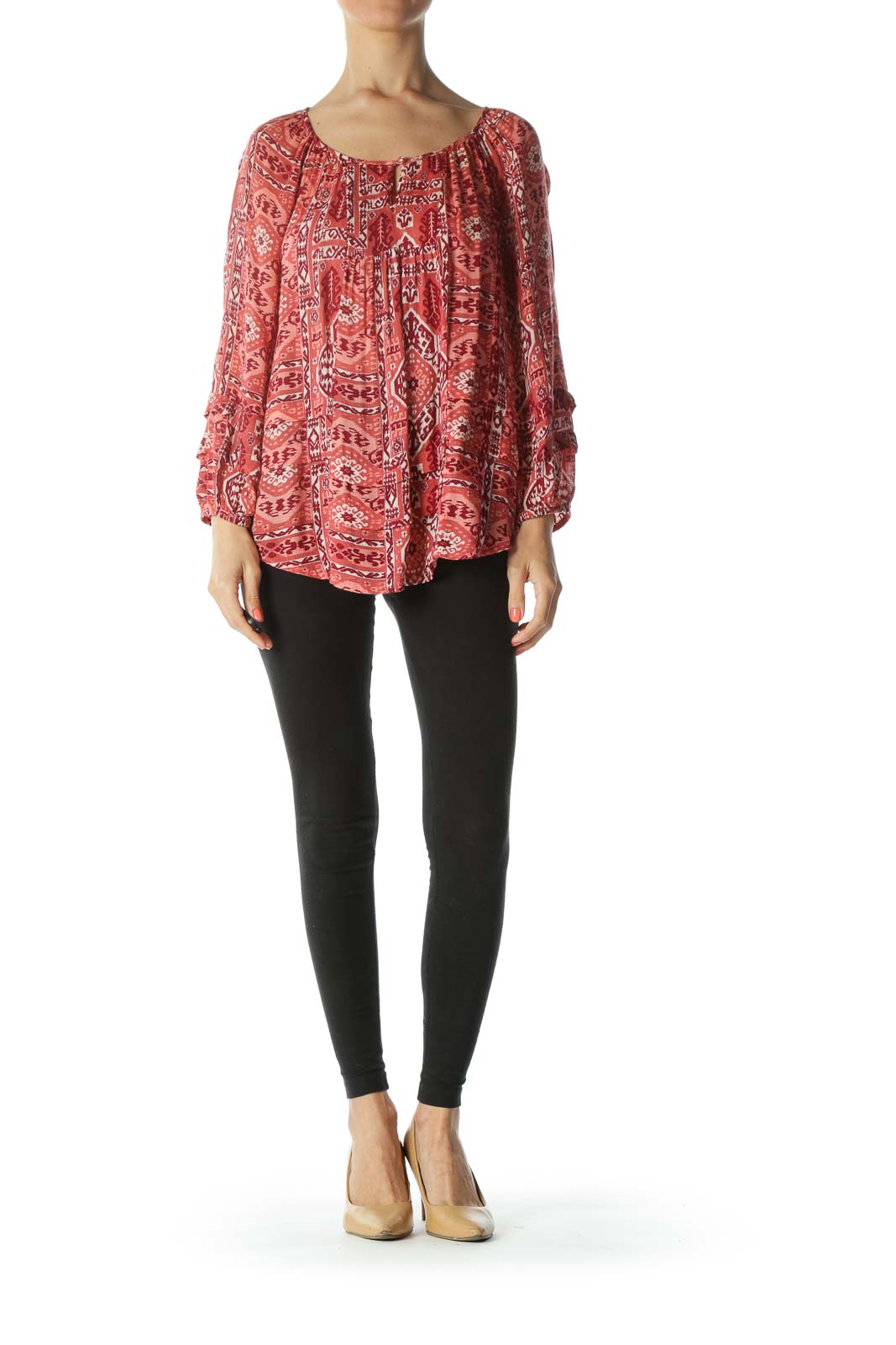 Burgundy/Beige Print Keyhole 3/4-Sleeve Blouse