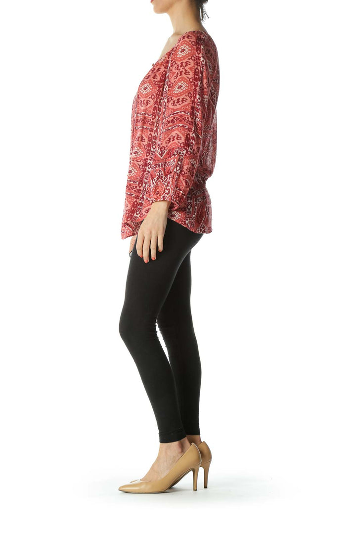 Burgundy/Beige Print Keyhole 3/4-Sleeve Blouse