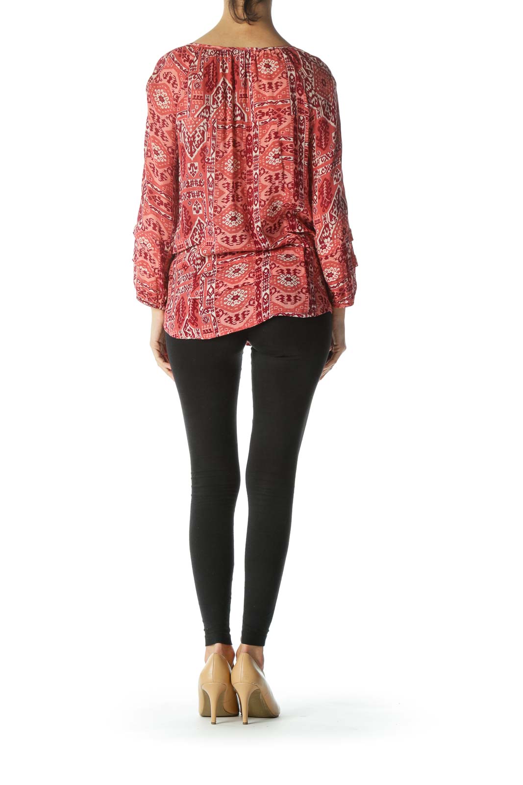 Burgundy/Beige Print Keyhole 3/4-Sleeve Blouse