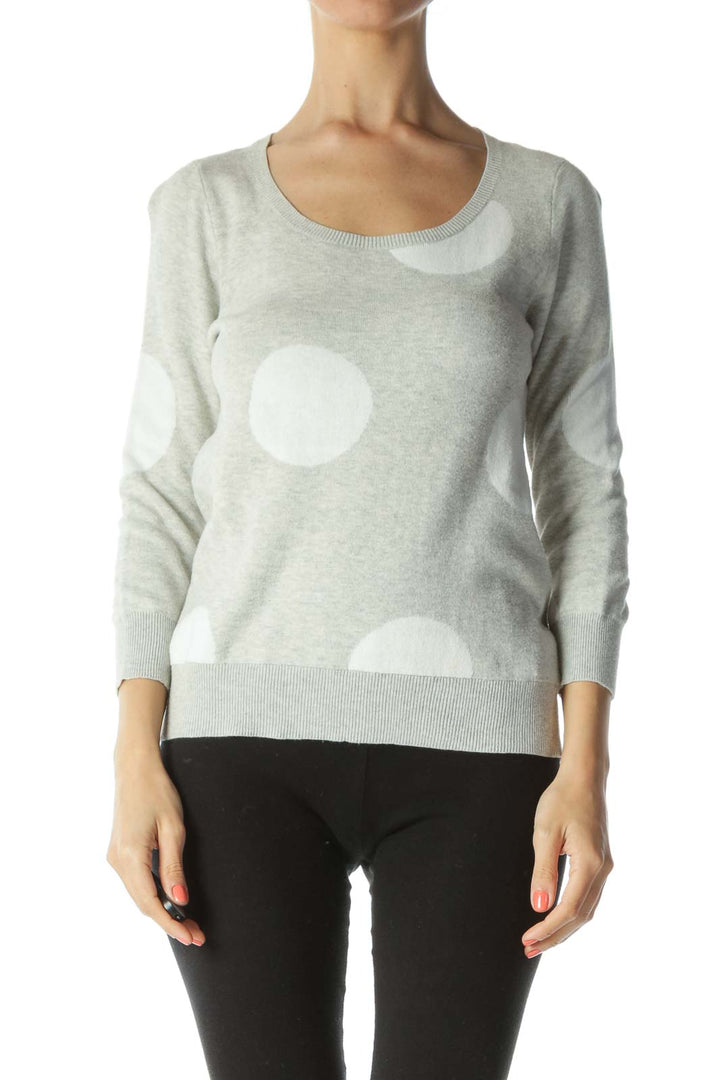 Gray/White 100% Cotton Polka-Dot Pullover Sweater