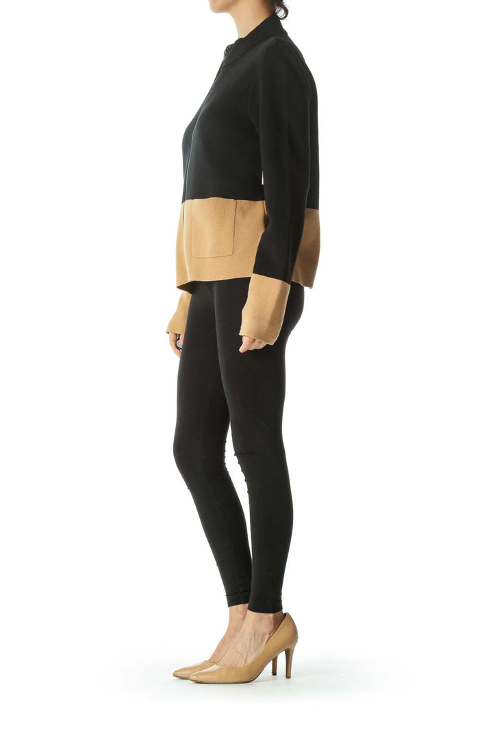 Black/Beige Color-Block Pocketed Knit Zippered Blazer