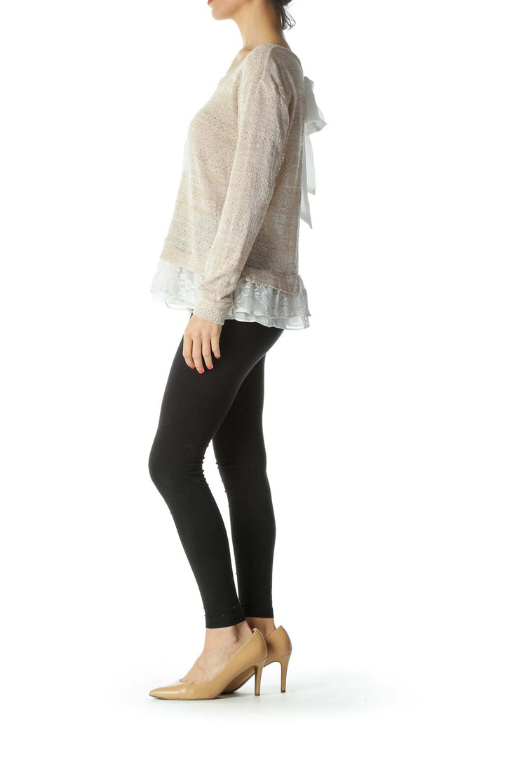 Beige/Off-White Lace-Applique Neck-Tie Detail Knit Top