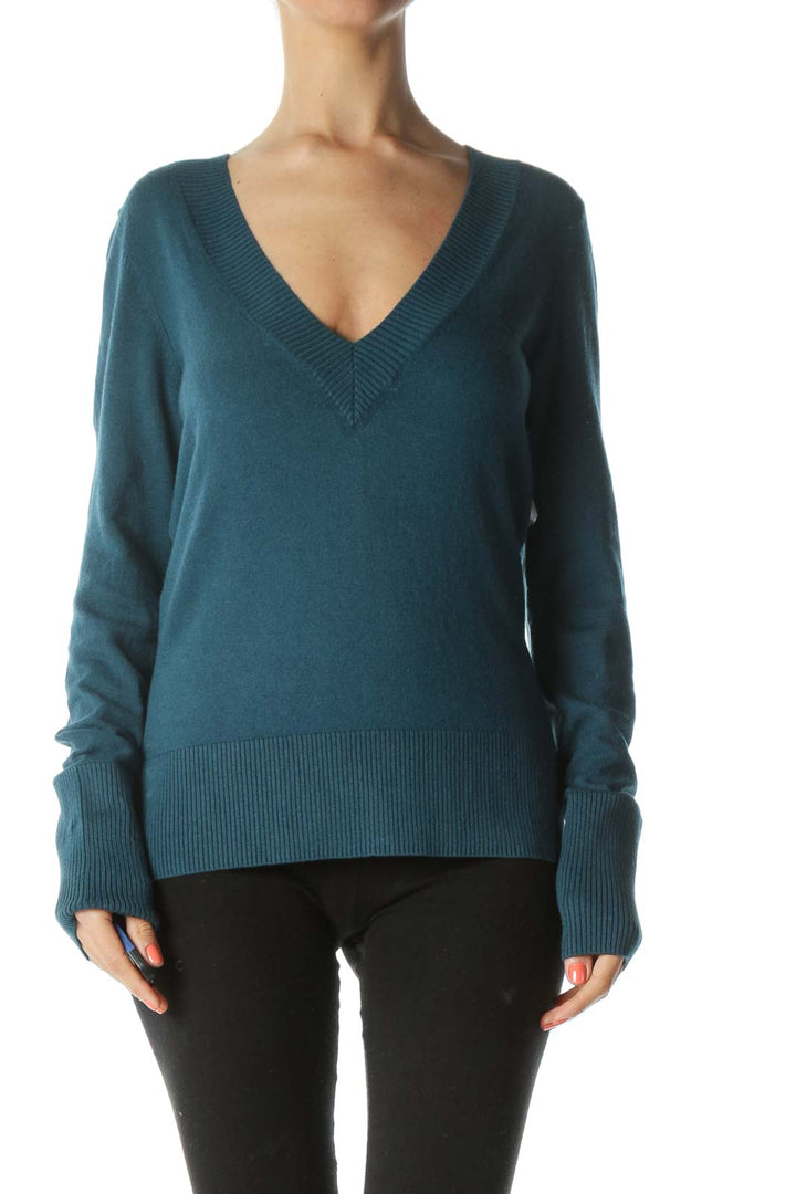 Teal Blue Deep V-Neck Knit Sweater