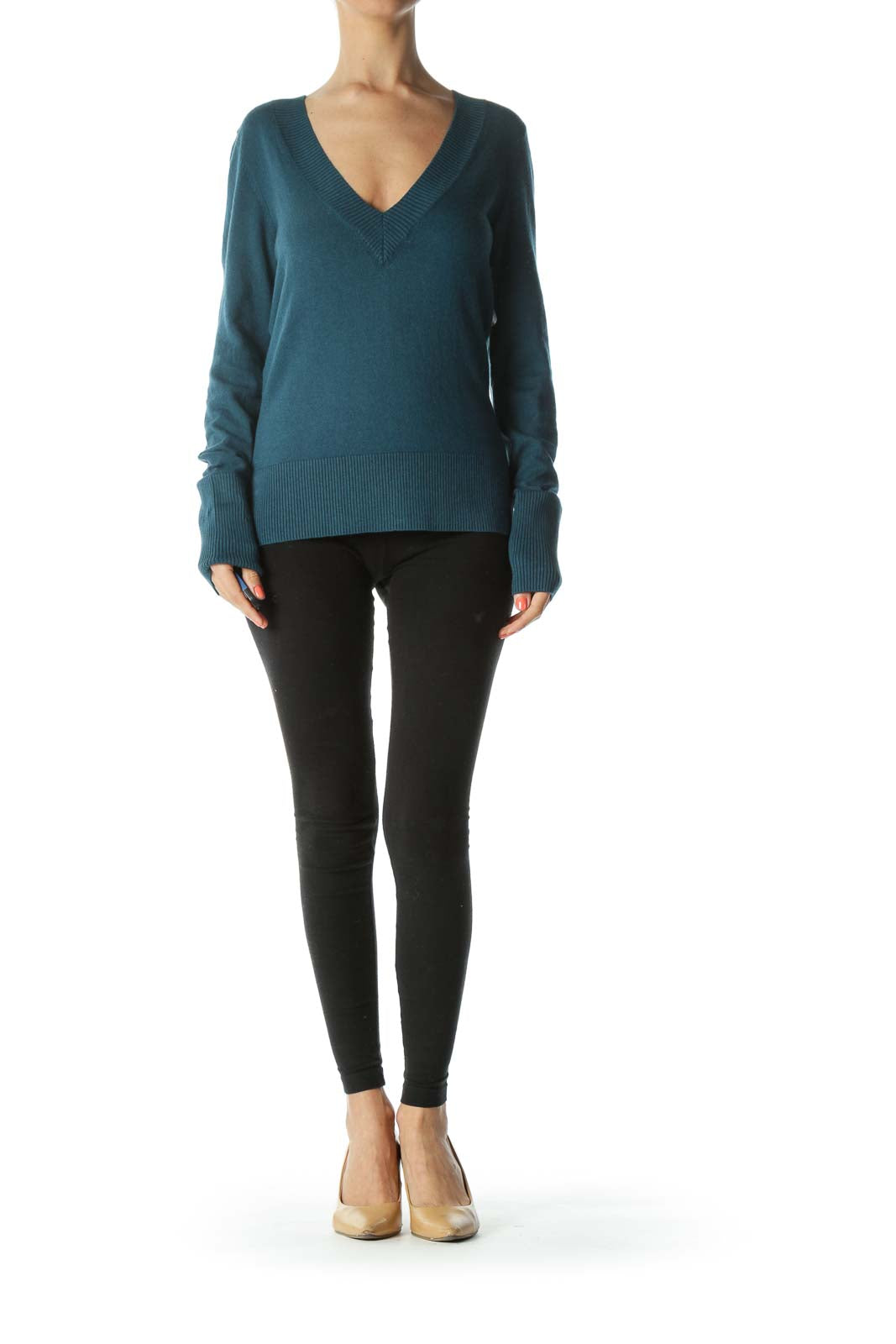 Teal Blue Deep V-Neck Knit Sweater