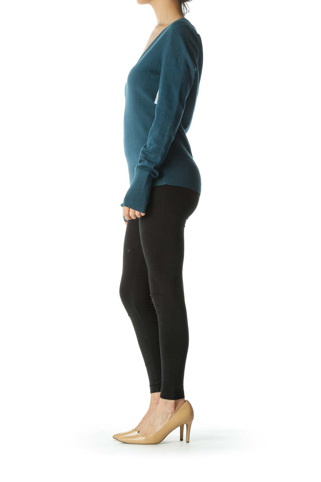 Teal Blue Deep V-Neck Knit Sweater