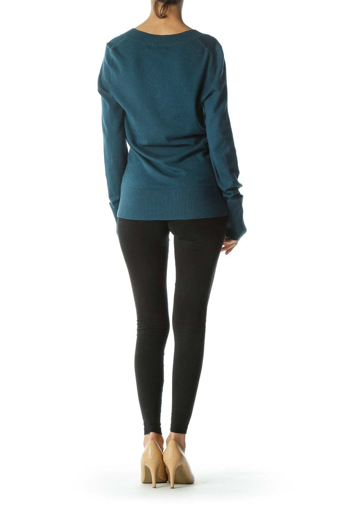 Teal Blue Deep V-Neck Knit Sweater