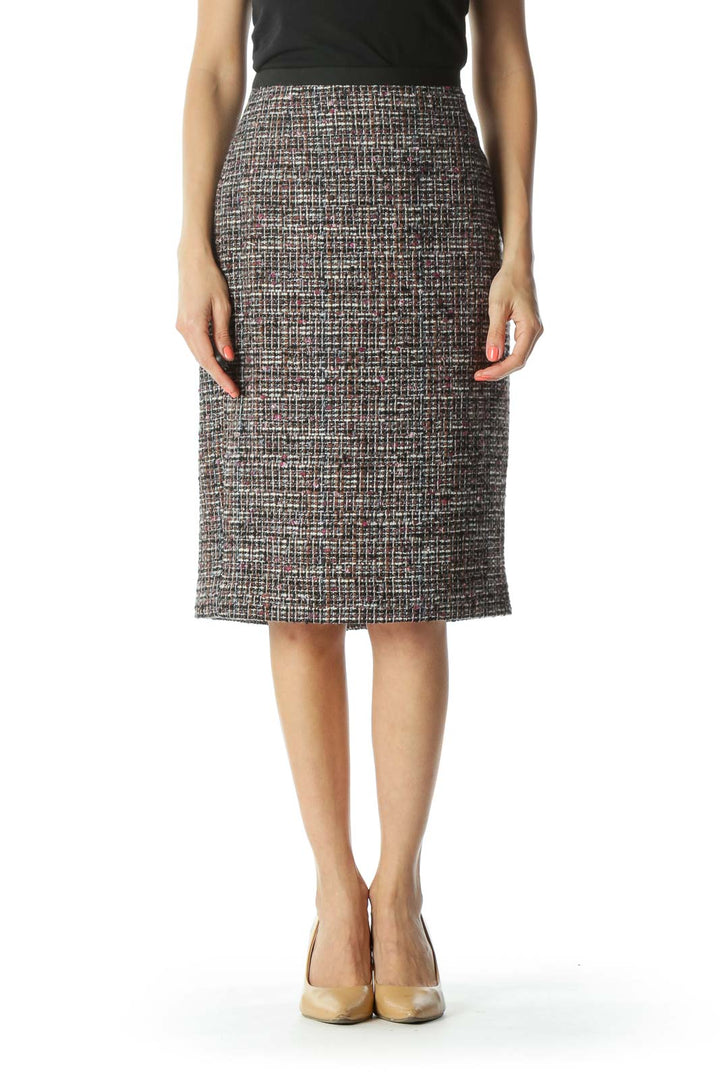 Multicolored Lined Tweed Pencil Slit Skirt