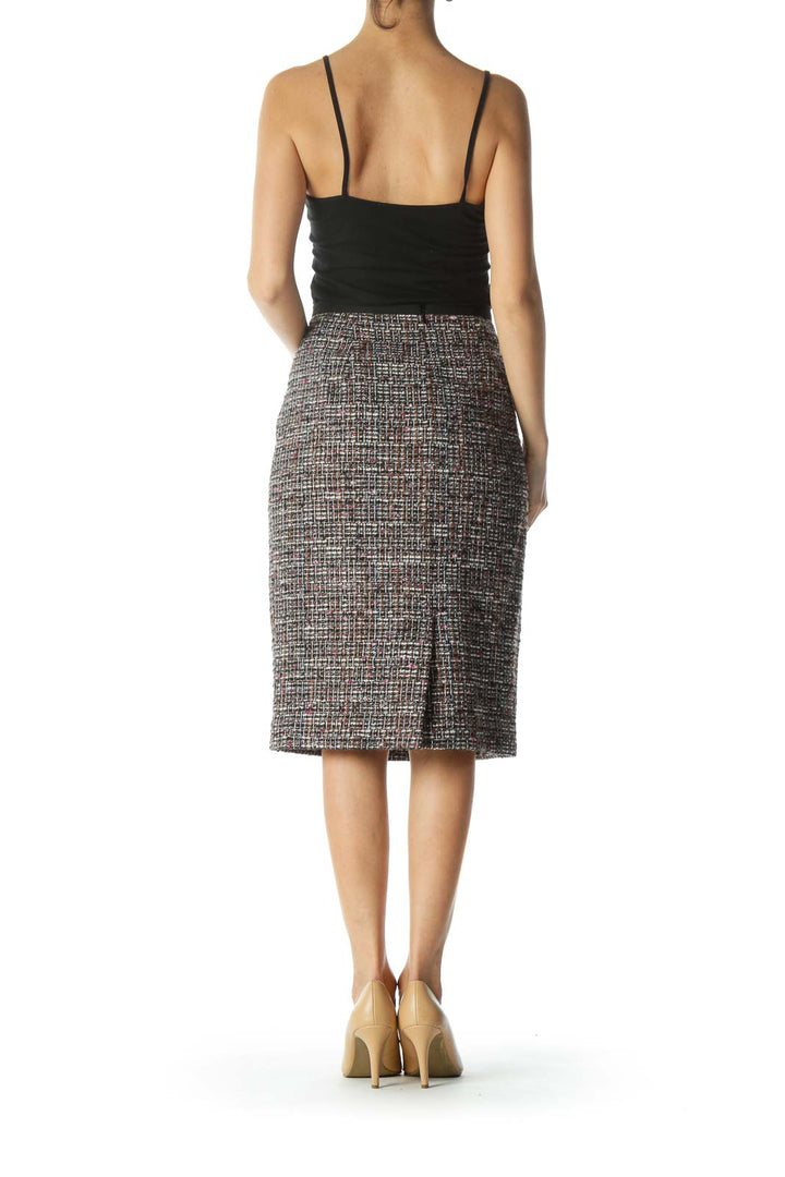 Multicolored Lined Tweed Pencil Slit Skirt