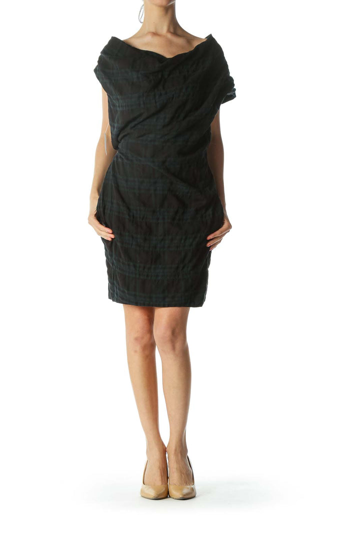 Blue/Black Off-Shoulder Plaid Pocketed Work Dress