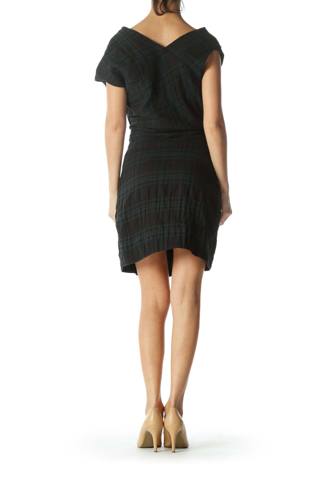 Blue/Black Off-Shoulder Plaid Pocketed Work Dress