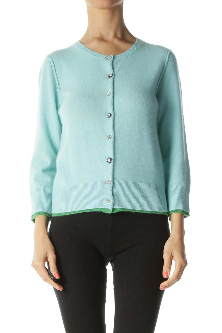 Light-Blue Green-Double-Applique 100% Cashmere Bejeweled-Buttons Sweater