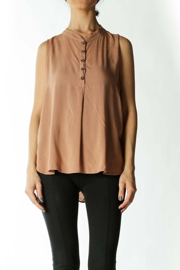 Tan Sleeveless Button-Down Mandarin-Collar Blouse