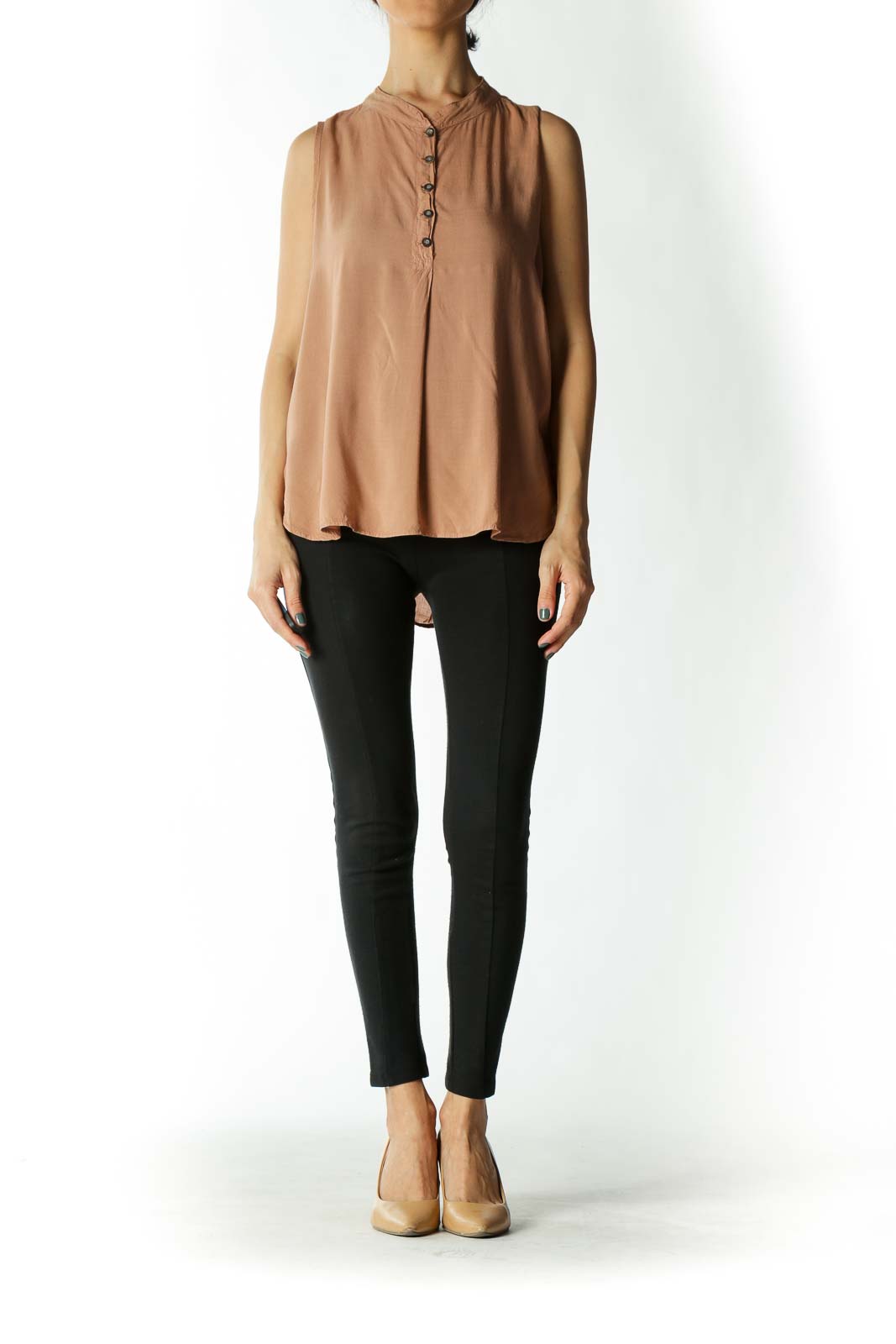 Tan Sleeveless Button-Down Mandarin-Collar Blouse