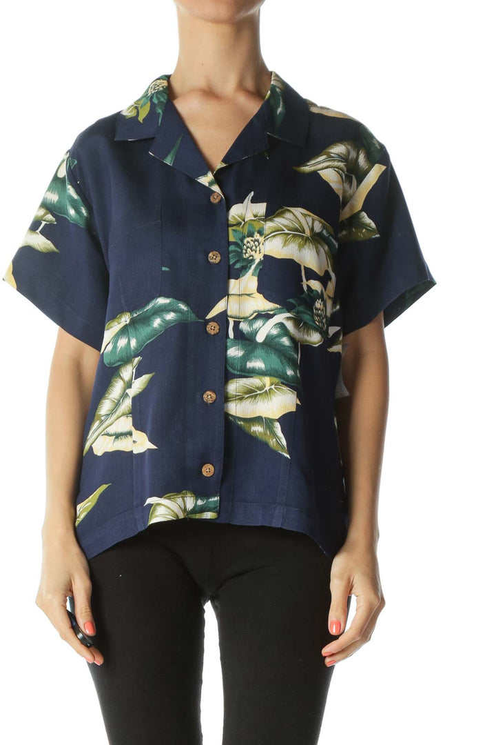 Blue/Yellow/Green 100% Silk Floral-Print Buttoned T-Shirt