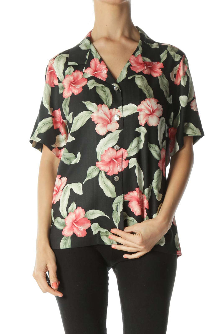 Black/Green/Pink 100% Silk Floral-Print Buttoned T-Shirt