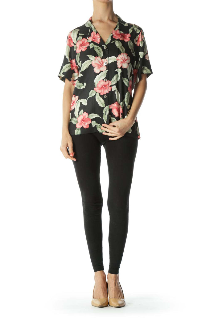 Black/Green/Pink 100% Silk Floral-Print Buttoned T-Shirt